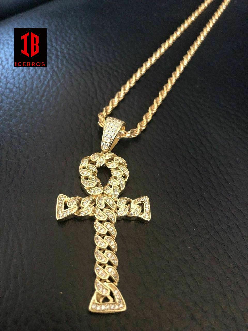 Ankh Cuban Link Cross 14k Gold Vermeil 925 Sterling Silver Pendant 1ct cz Diamond