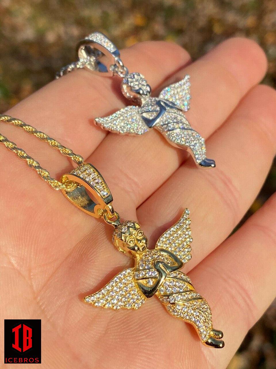 925 Silver Angel Hip Hop Pendant Iced Diamond Gold Necklace UNISEX