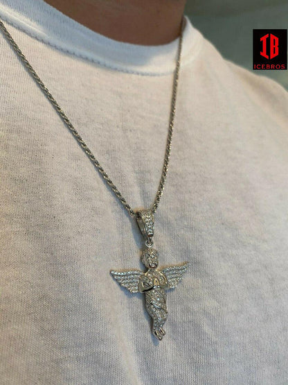 925 Silver Angel Hip Hop Pendant Iced Diamond Gold Necklace UNISEX