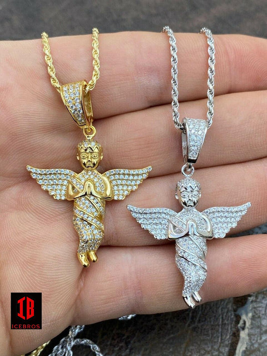 925 Silver Angel Hip Hop Pendant Iced Diamond Gold Necklace UNISEX