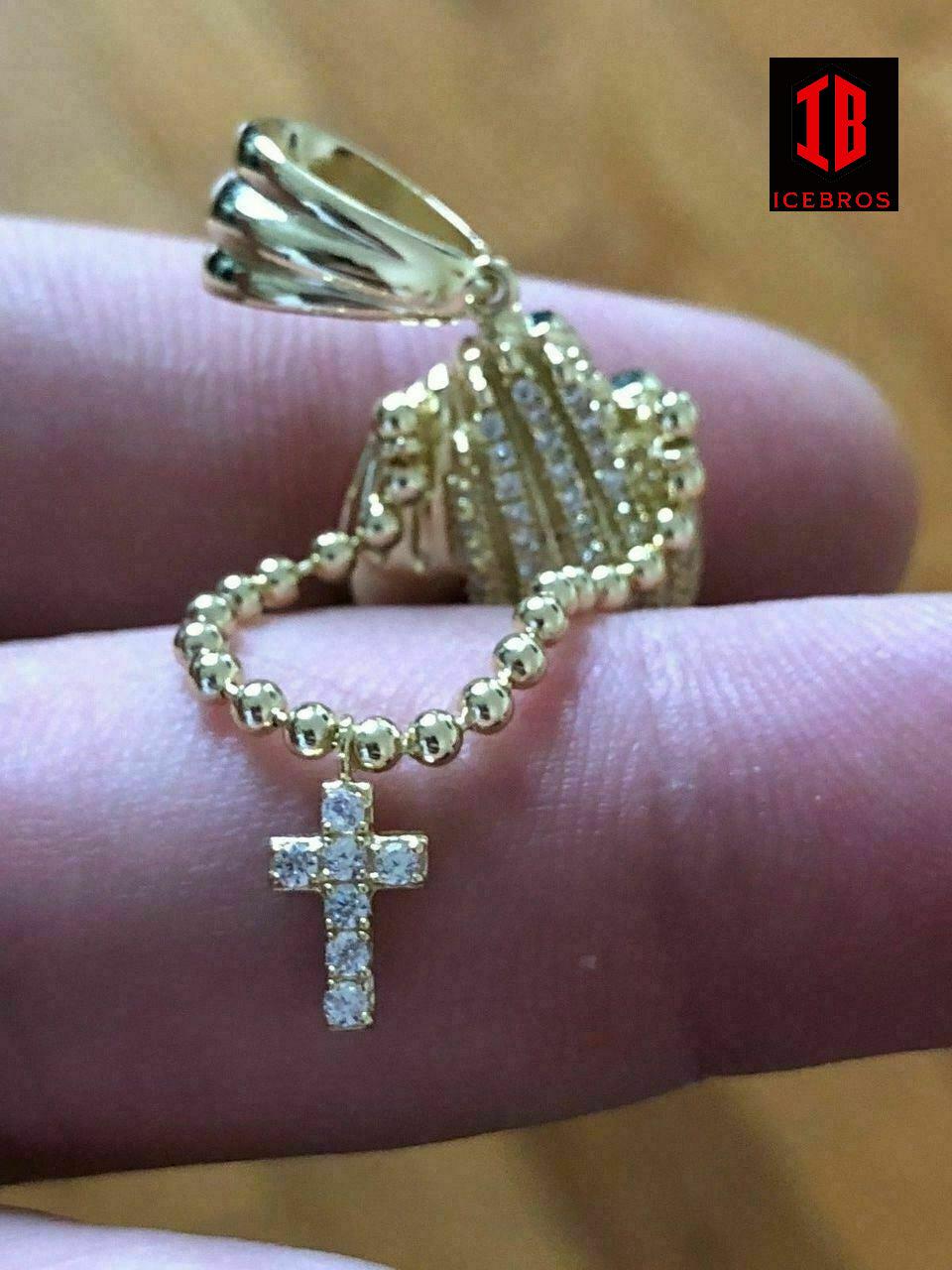 Praying Folded Hands W. Cross Solid 925 Sterling Silver Pendant man made CZ Diamond ICE