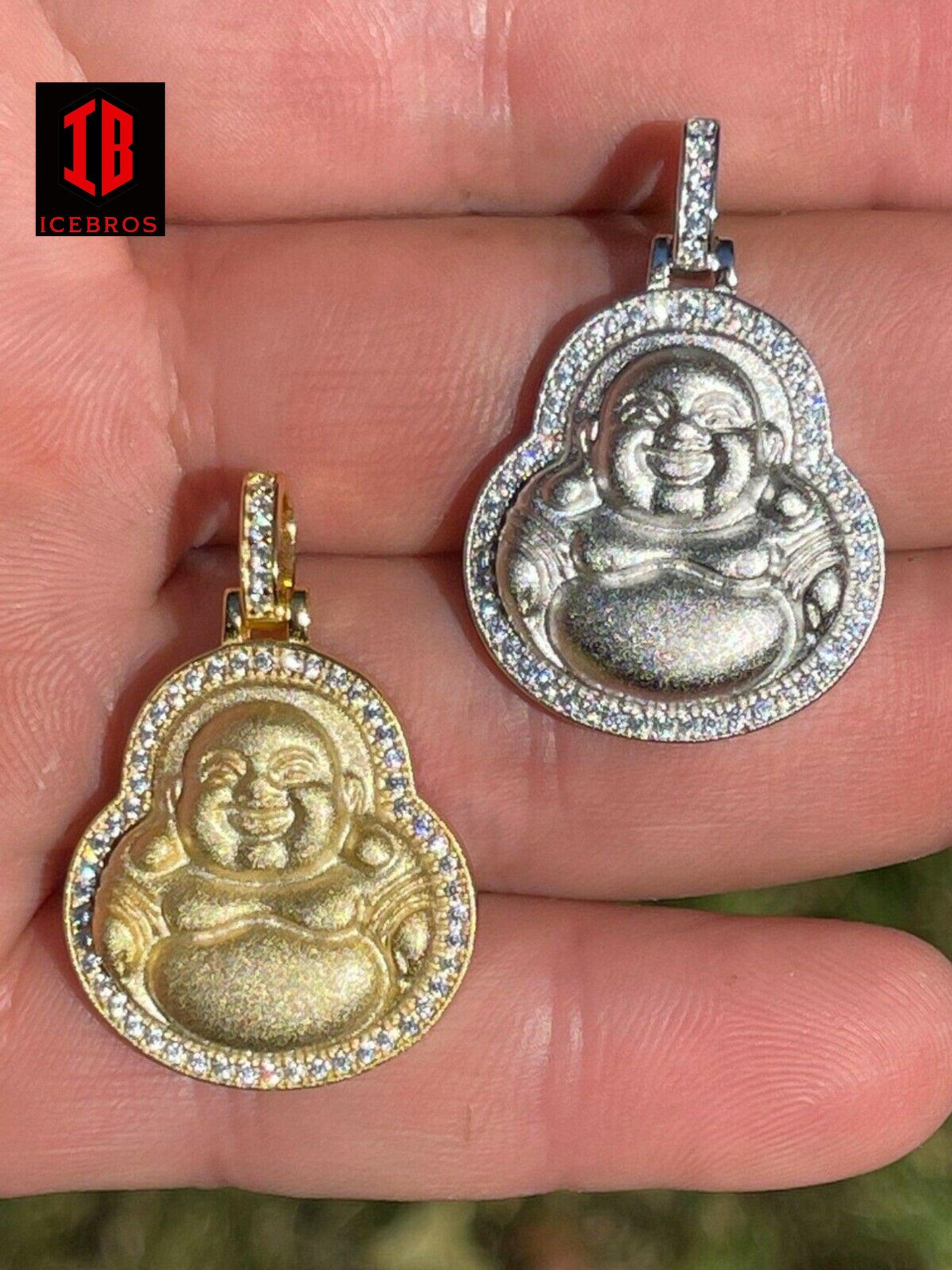 925 Silver 14K Gold Hip Hop Matte Buddha Pendant Men's Or Ladies Iced Necklace 1"