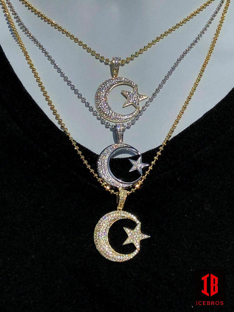 Vermeil 925 Silver Crescent Moon & Star Islam Muslim Arabic Charm Iced Icy