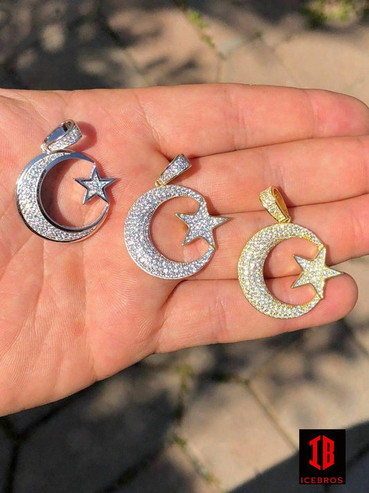 Vermeil 925 Silver Crescent Moon & Star Islam Muslim Arabic Charm Iced Icy