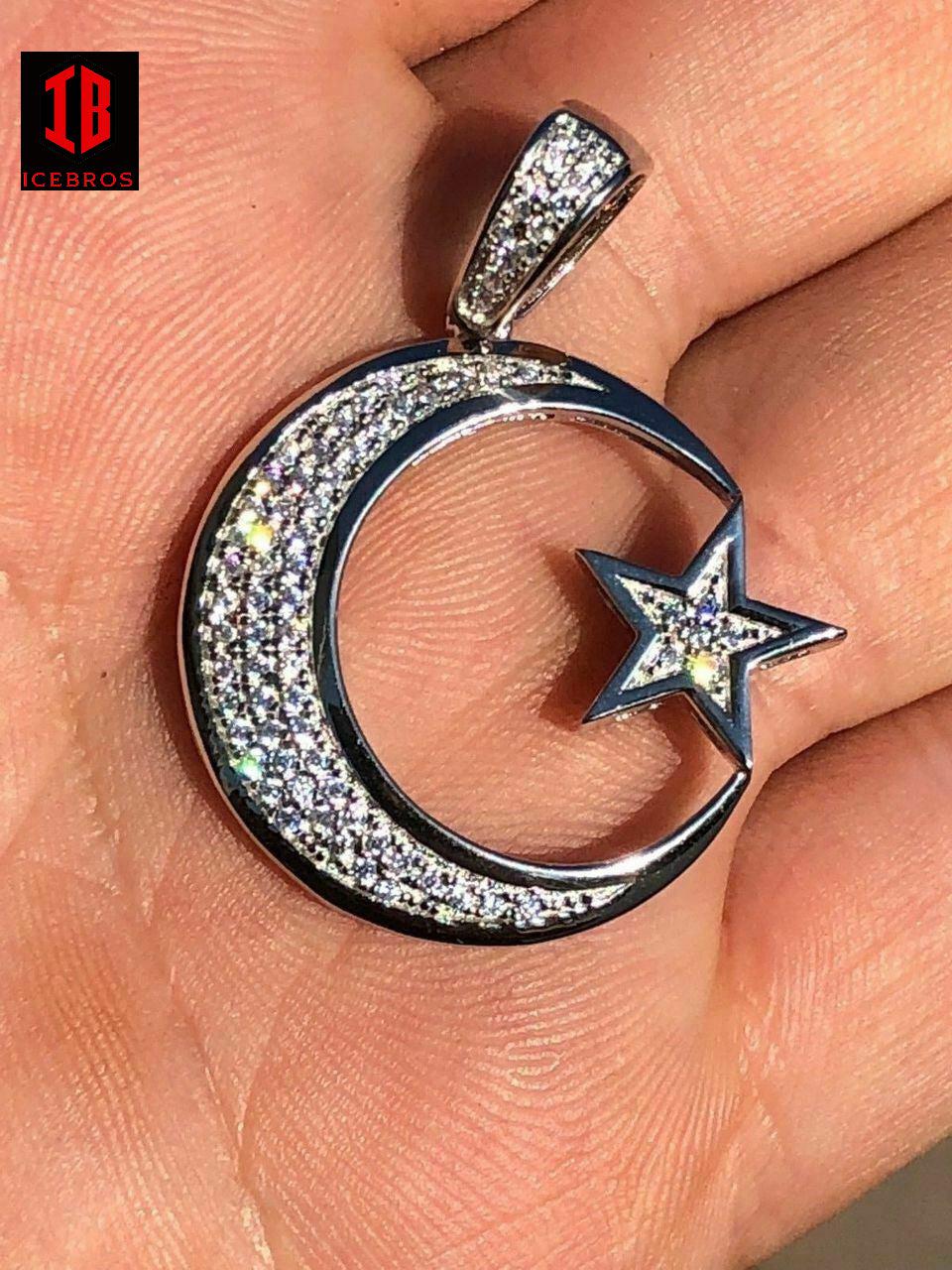 Vermeil 925 Silver Crescent Moon & Star Islam Muslim Arabic Charm Iced Icy