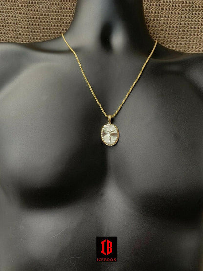 925 Silver 14k Gold Plated Illusion Jesus Medallion Pendant Diamond Cut Necklace