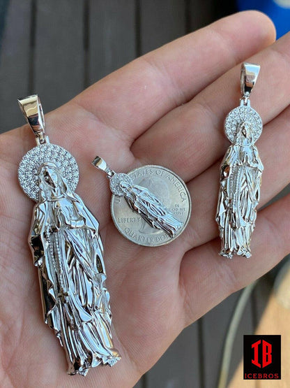 925 Sterling Silver - 14k White Gold Finish - Virgin Mary Pendant Iced Chain