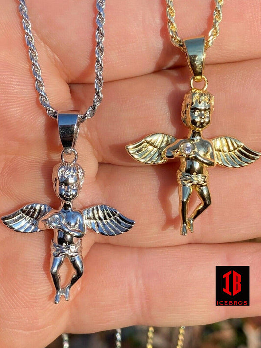 925 Silver Micro Angel Cherub Hip Hop Pendant Gold Chain Praying