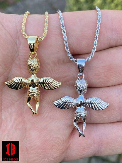 925 Silver Micro Angel Cherub Hip Hop Pendant Gold Chain Praying