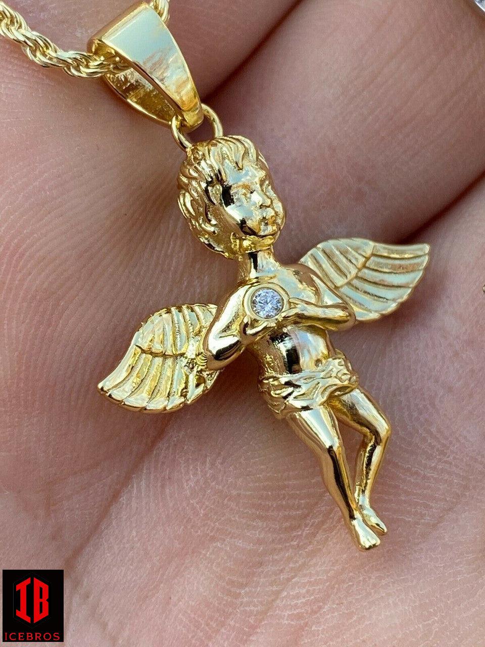 925 Silver Micro Angel Cherub Hip Hop Pendant Gold Chain Praying