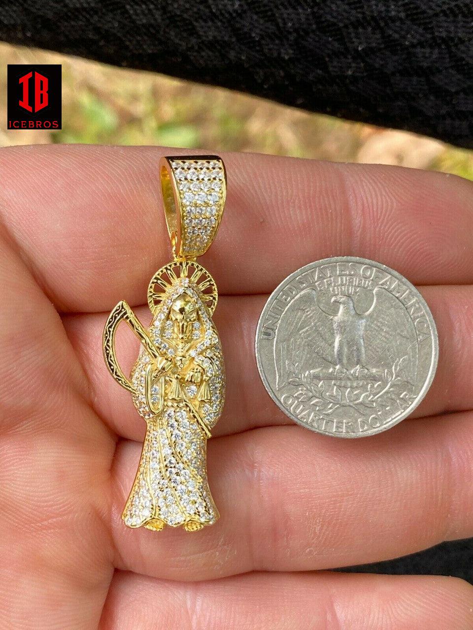 925 Sterling Silver White/Gold Santa Muerte Grim Reaper Death Pendant Necklace