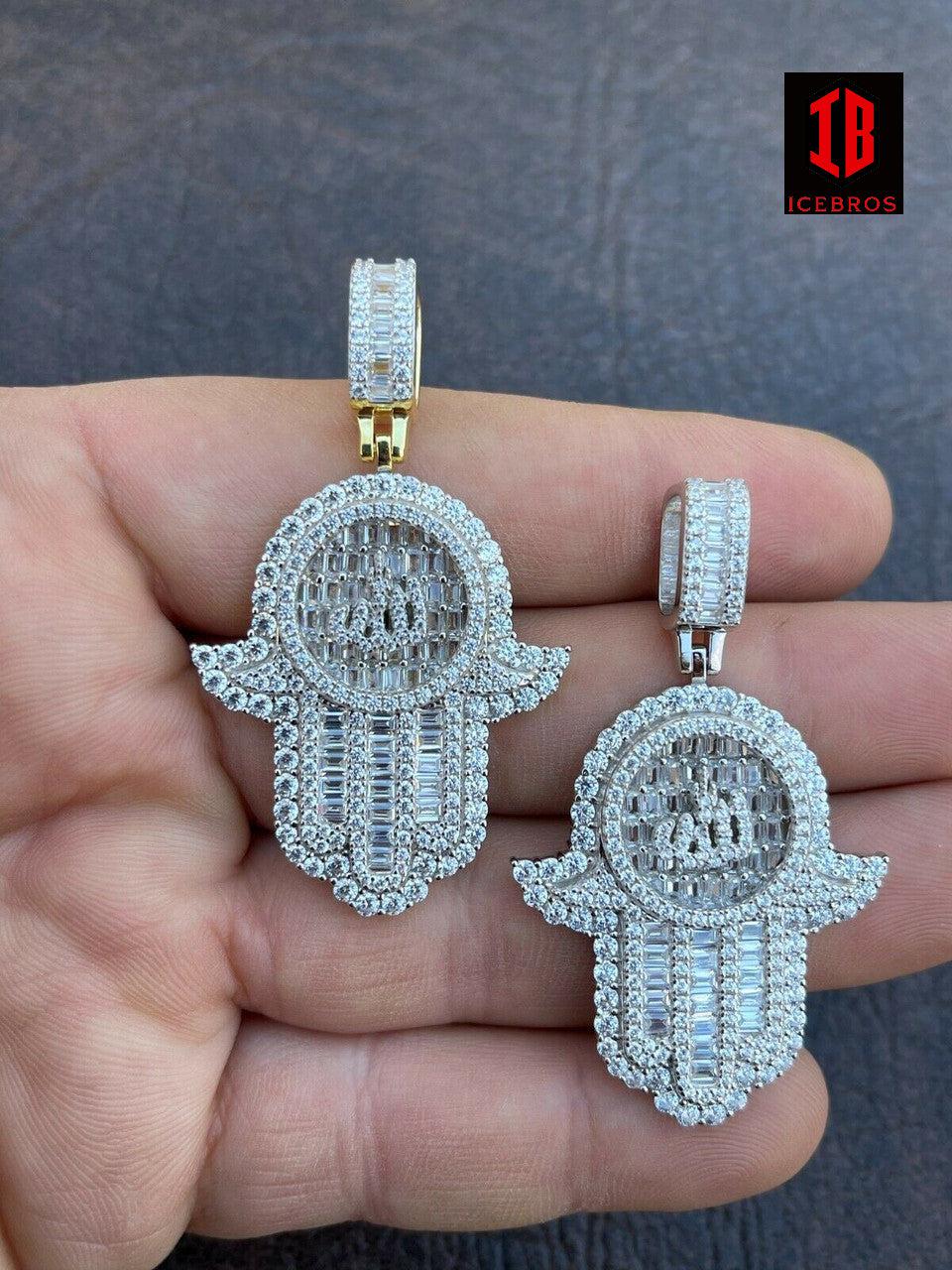925 Sterling Silver Baguette Iced Hand Of Fatima Islamic Allah Sign Gold