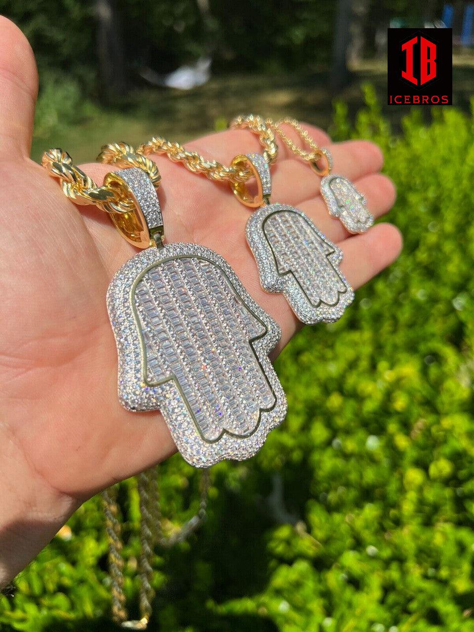 14k Gold Filled 925 Silver Hand Hamsa Iced Baguette CZ Hip Hop Charm Necklace