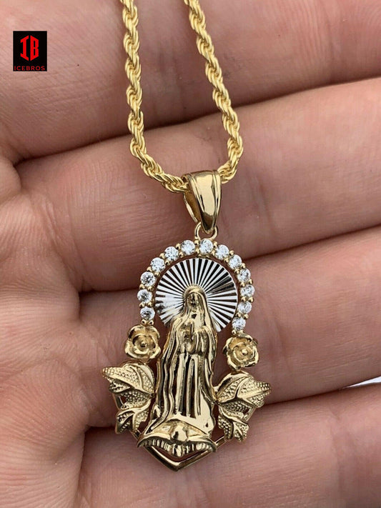 14k Yellow Gold Vermeil 925 Silver Virgin Mary Pendant Iced Hip Hop Men's Ladies