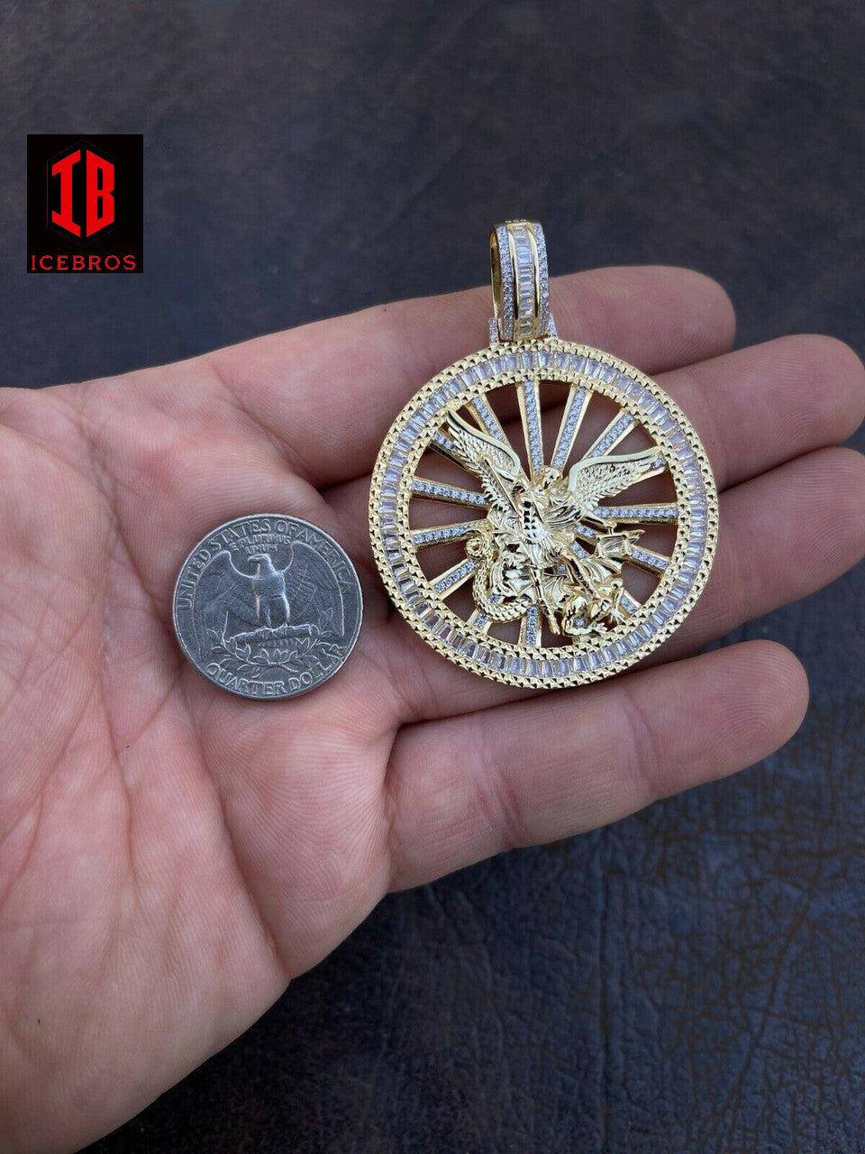 Vermeil 925 Silver St Michael Archangel Necklace Pendant Iced Baguette Medallion