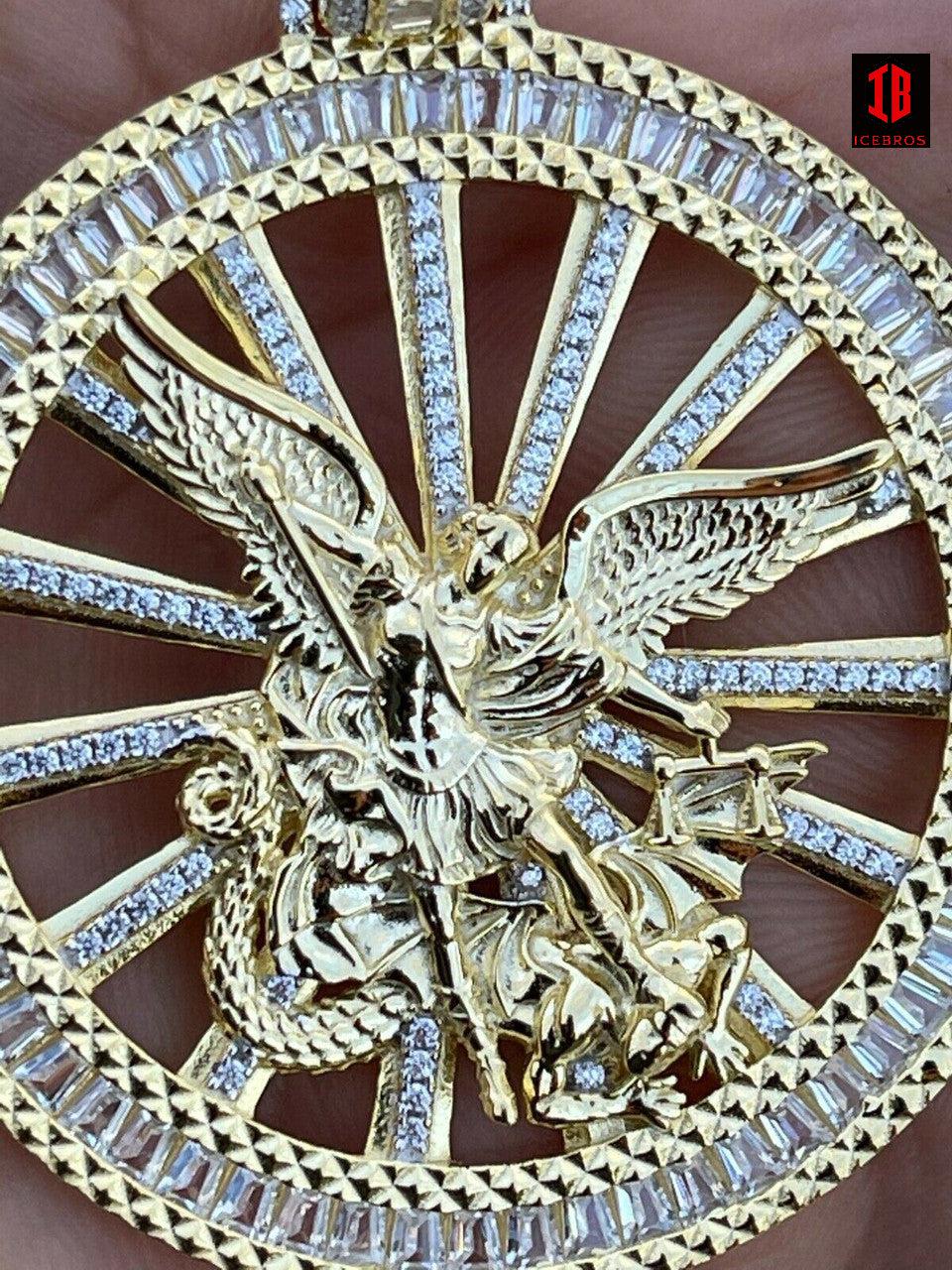 Vermeil 925 Silver St Michael Archangel Necklace Pendant Iced Baguette Medallion