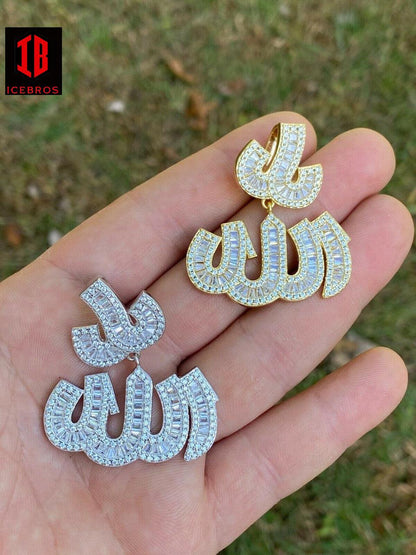 925 Sterling Silver Iced Baguette Men CZ Allah Arabic Pendant Necklace