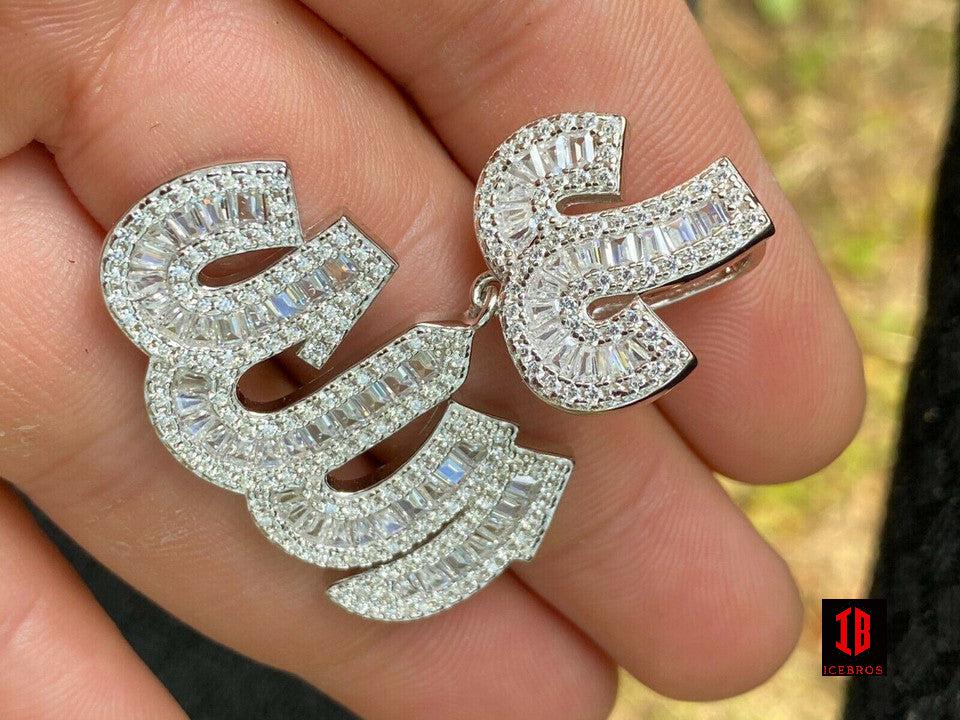 925 Sterling Silver Iced Baguette Men CZ Allah Arabic Pendant Necklace