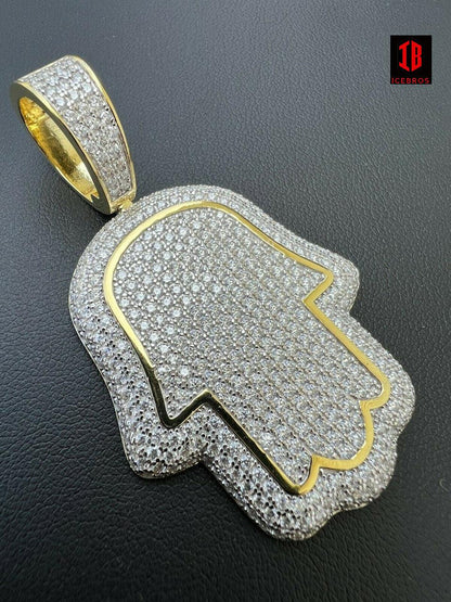CZ 14k Gold Vermeil 925 Silver God's Hand Hamsa Iced Diamond Pendant Necklace