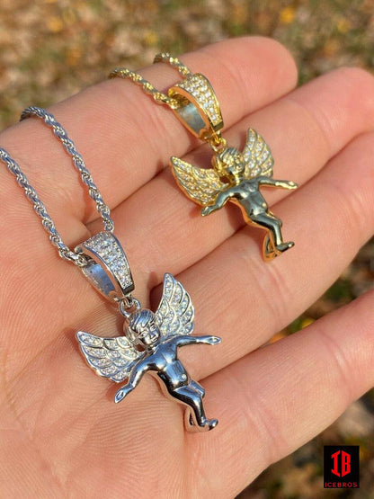 925 Silver Micro Angel Hip Hop Pendant Iced Diamond Gold Chain Praying