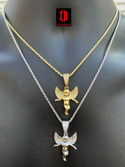 925 Silver Micro Angel Hip Hop Pendant Iced Diamond Gold Chain Praying