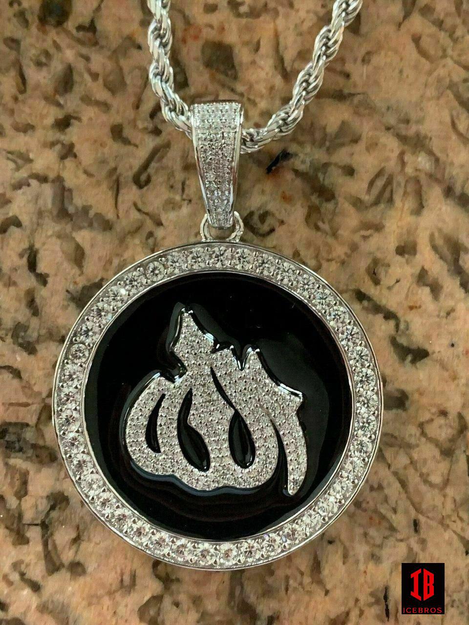 Vermeil 925 Silver Mens Large Allah Muslim Islamic Pendant Chain Iced Icy Hip Hop