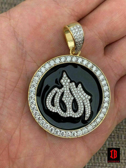 Vermeil 925 Silver Mens Large Allah Muslim Islamic Pendant Chain Iced Icy Hip Hop