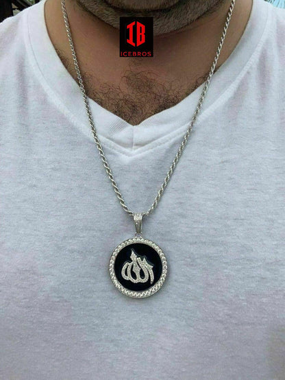 Vermeil 925 Silver Mens Large Allah Muslim Islamic Pendant Chain Iced Icy Hip Hop