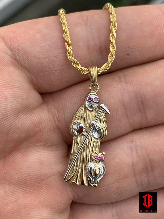 Grim Reaper Santa Muerte Death Charm Real 14k Gold & Solid 925 Silver Italy