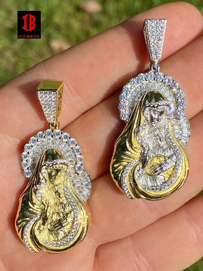 Solid 925 Silver & 14k Gold Virgin Mary Iced Diamond Pendant Mens womens