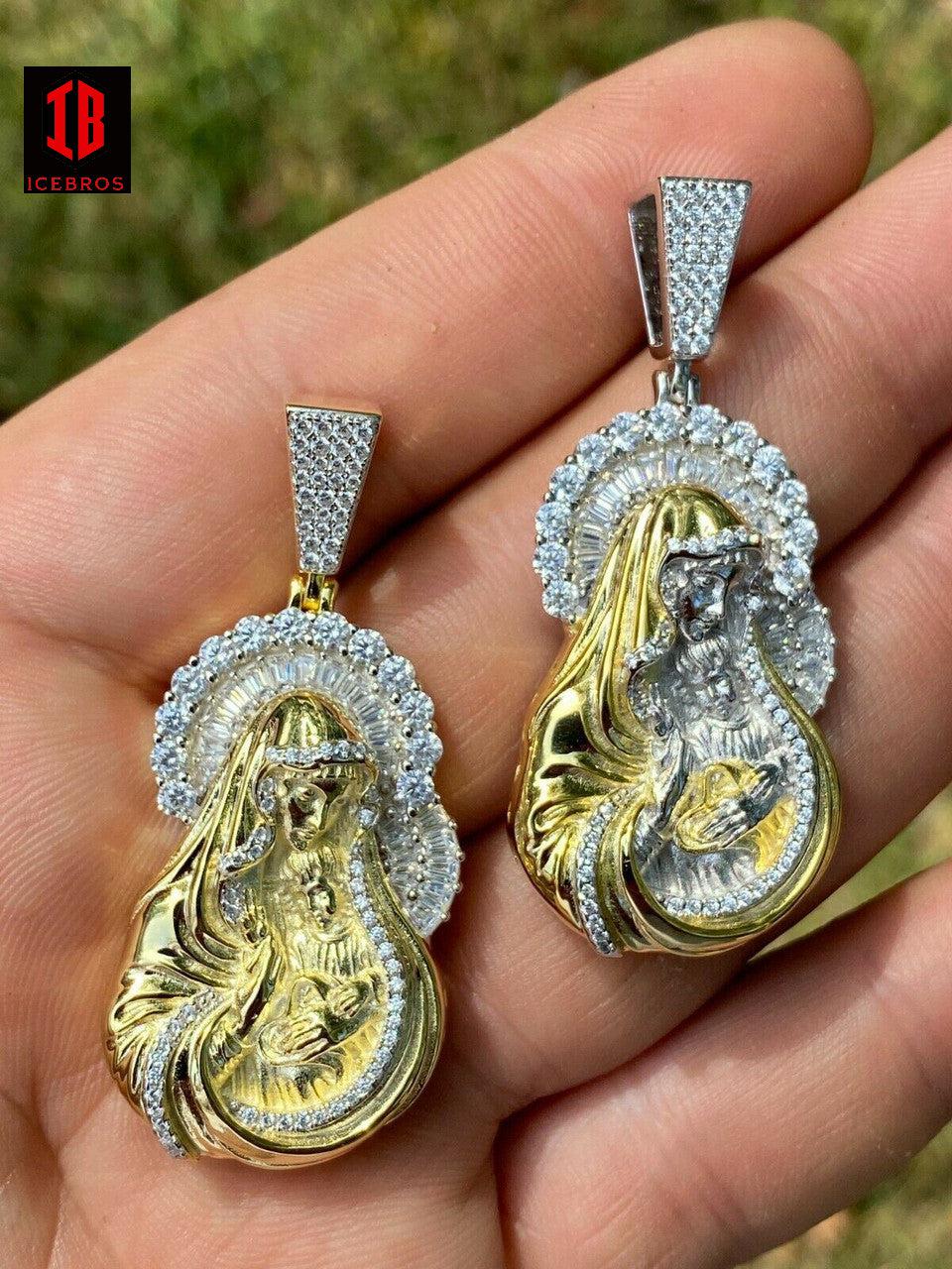 Solid 925 Silver & 14k Gold Virgin Mary Iced Diamond Pendant Mens womens