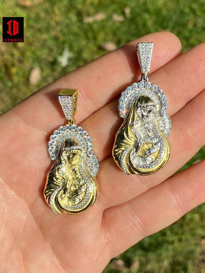 Solid 925 Silver & 14k Gold Virgin Mary Iced Diamond Pendant Mens womens