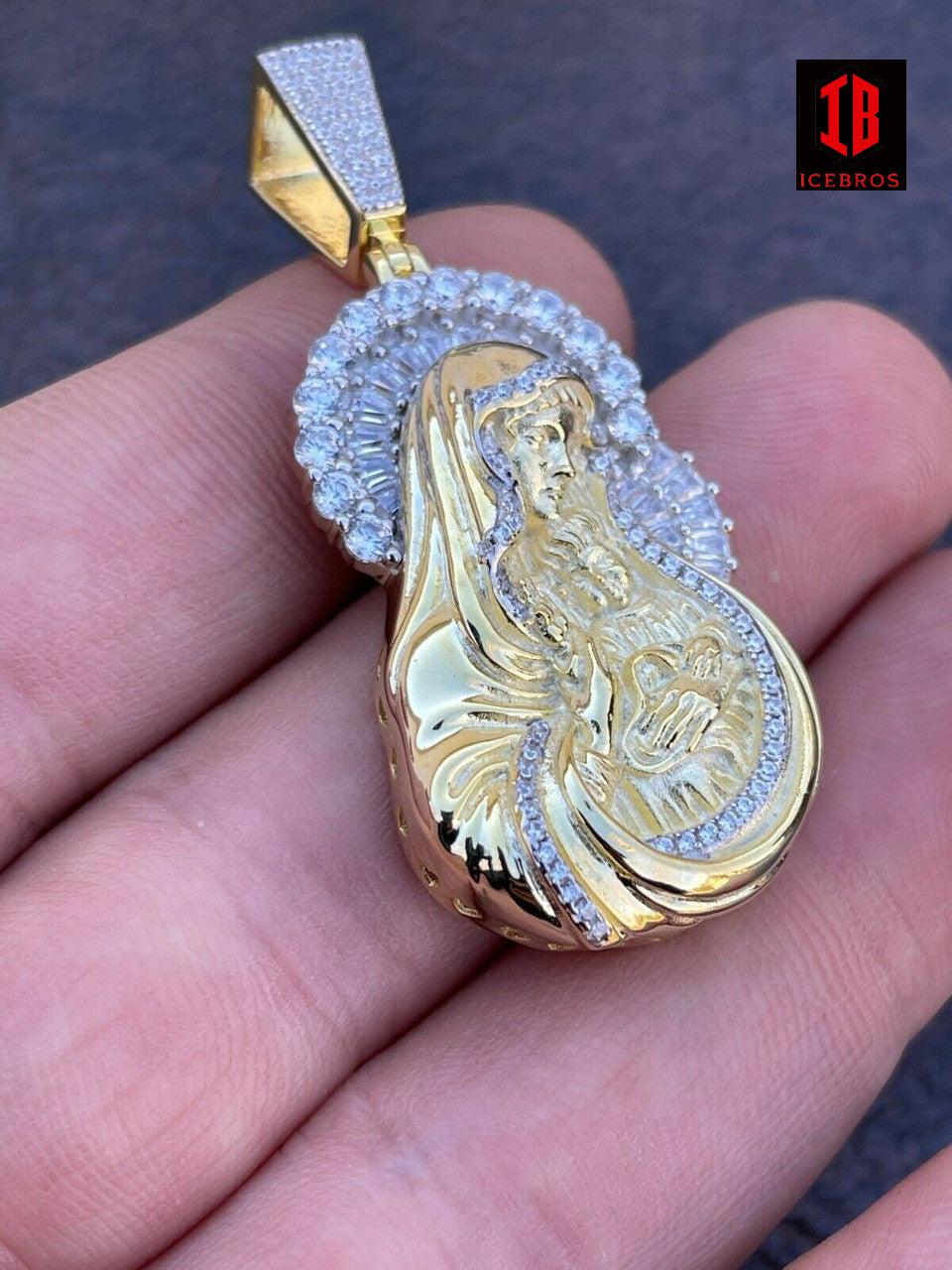 Solid 925 Silver & 14k Gold Virgin Mary Iced Diamond Pendant Mens womens