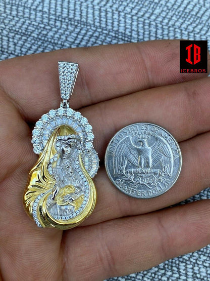 Solid 925 Silver & 14k Gold Virgin Mary Iced Diamond Pendant Mens womens