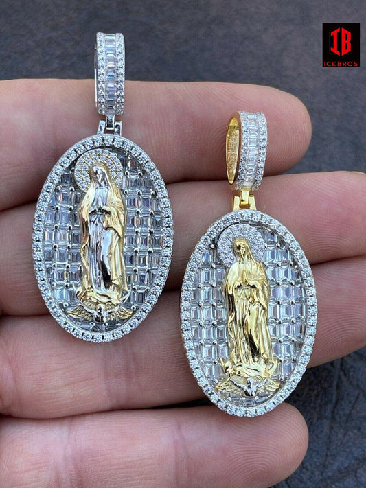 925 Sterling Silver & 14k Gold - Virgin Mary Necklace Iced cz Diamond Pendant