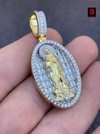 925 Sterling Silver & 14k Gold - Virgin Mary Necklace Iced cz Diamond Pendant