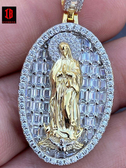 925 Sterling Silver & 14k Gold - Virgin Mary Necklace Iced cz Diamond Pendant