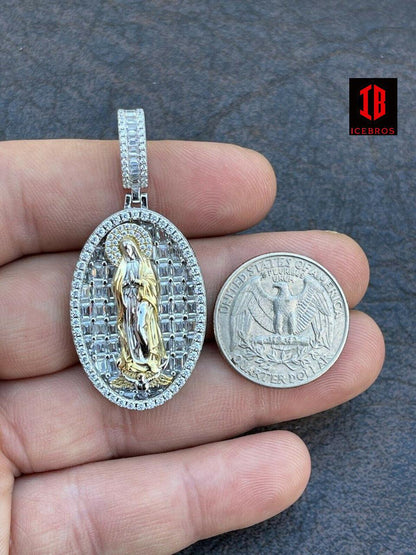 925 Sterling Silver & 14k Gold - Virgin Mary Necklace Iced cz Diamond Pendant