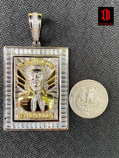 14k Silver White Gold Iced Jesus Malverde Chain Pendant