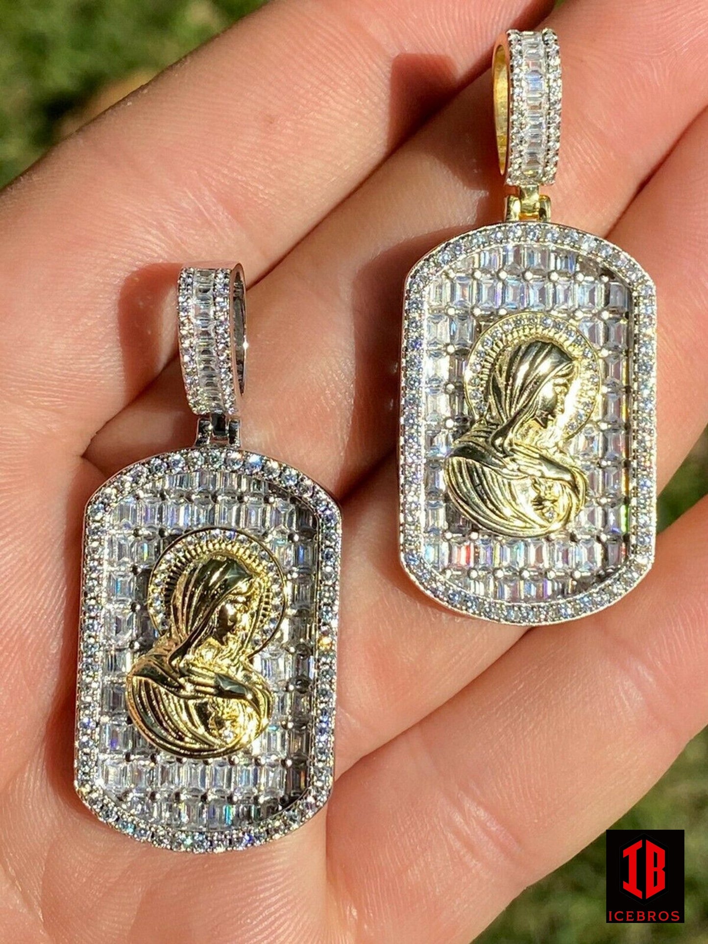 Vermeil 925 Silver Virgin Mary Iced Baguette Diamond DogTag Pendant Chain