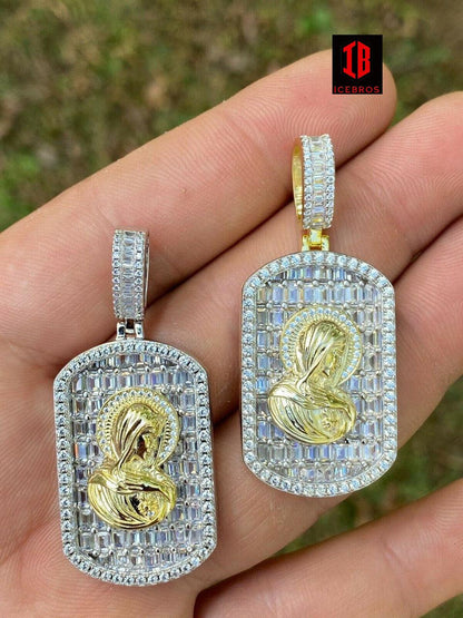 Vermeil 925 Silver Virgin Mary Iced Baguette Diamond DogTag Pendant Chain