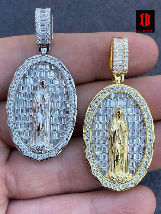 925 Sterling Silver & 14k Gold - Virgin Mary Chain Iced Baguette Charm