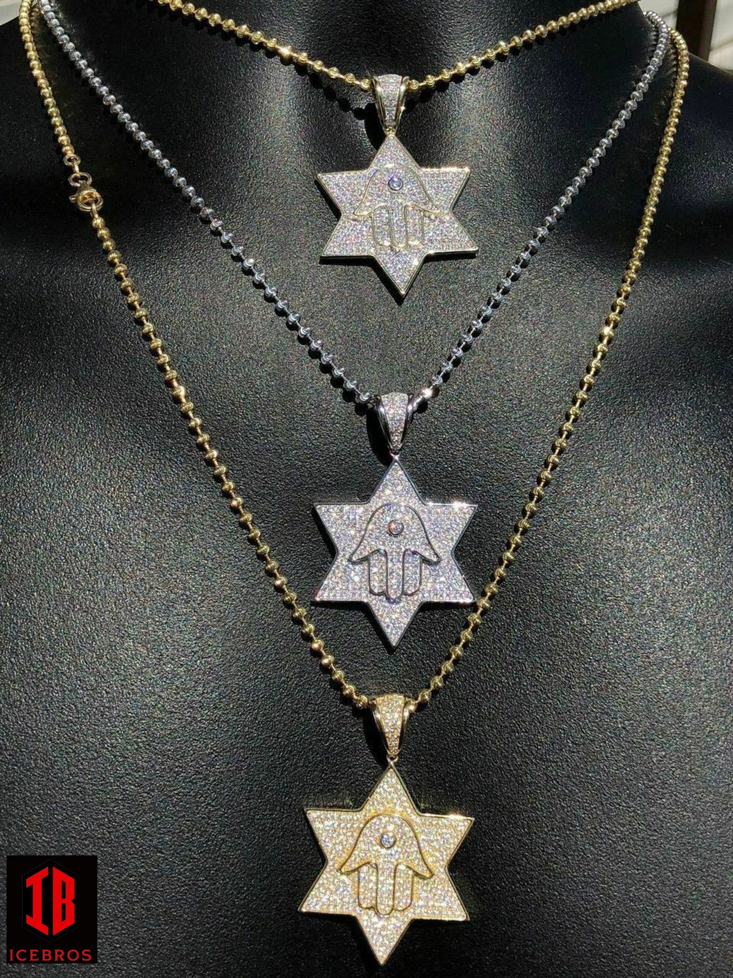 Vermeil 925 Silver Iced Icy Magen David Star W. Hamsa Mens Diamond Star 14k Filled