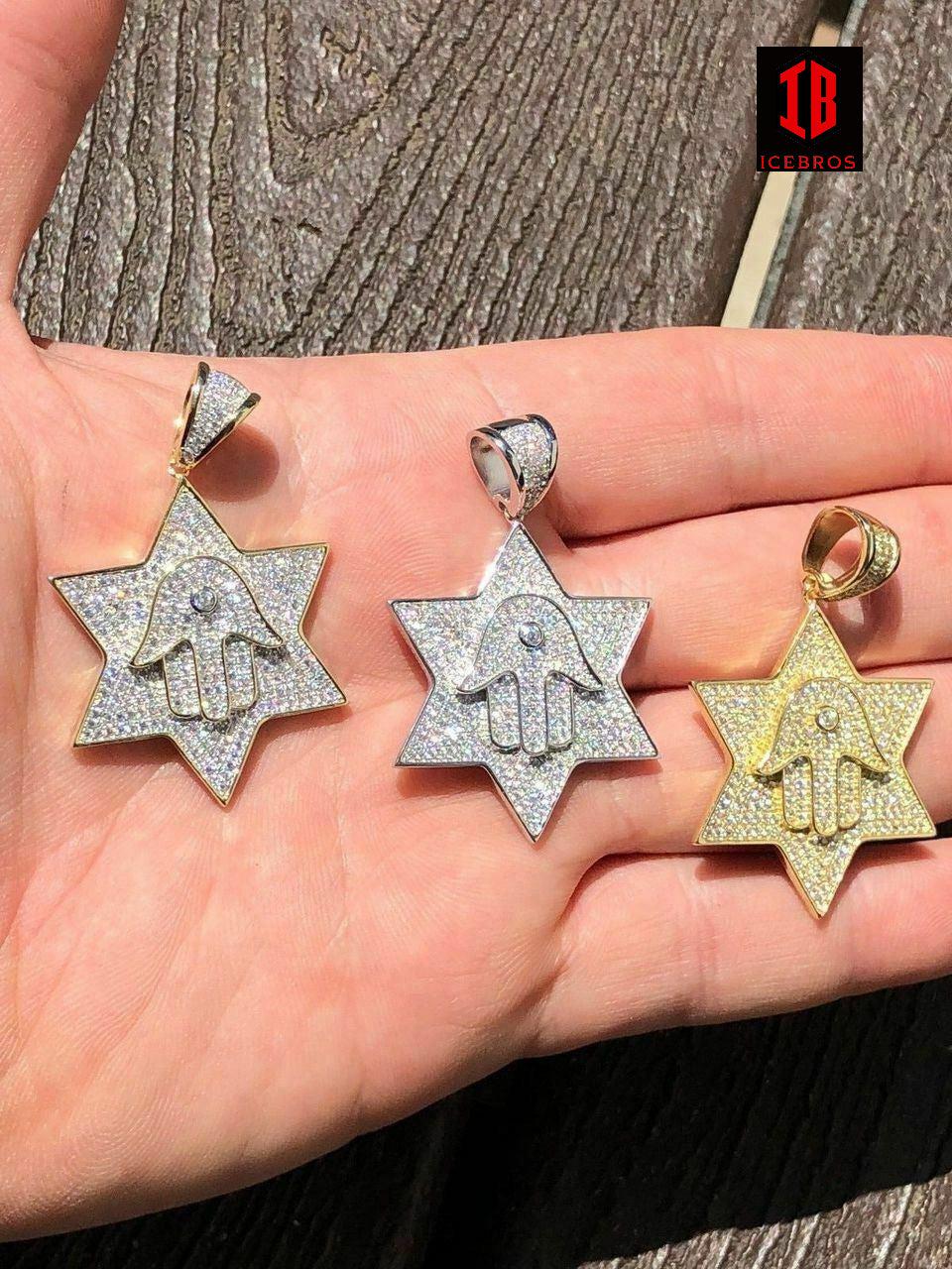 Vermeil 925 Silver Iced Icy Magen David Star W. Hamsa Mens Diamond Star 14k Filled