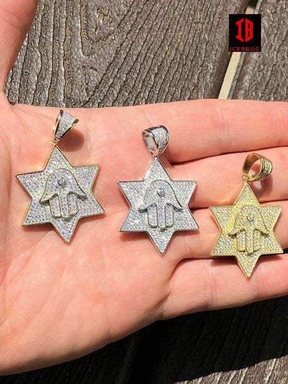 Vermeil 925 Silver Iced Icy Magen David Star W. Hamsa Mens Diamond Star 14k Filled