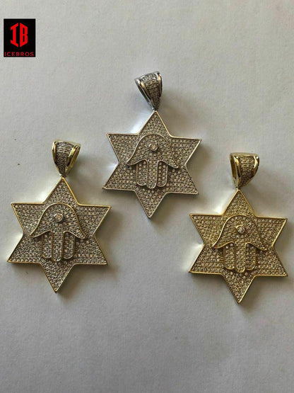 Vermeil 925 Silver Iced Icy Magen David Star W. Hamsa Mens Diamond Star 14k Filled