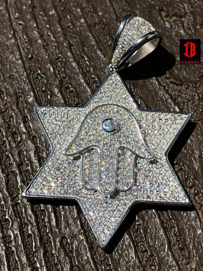 Vermeil 925 Silver Iced Icy Magen David Star W. Hamsa Mens Diamond Star 14k Filled