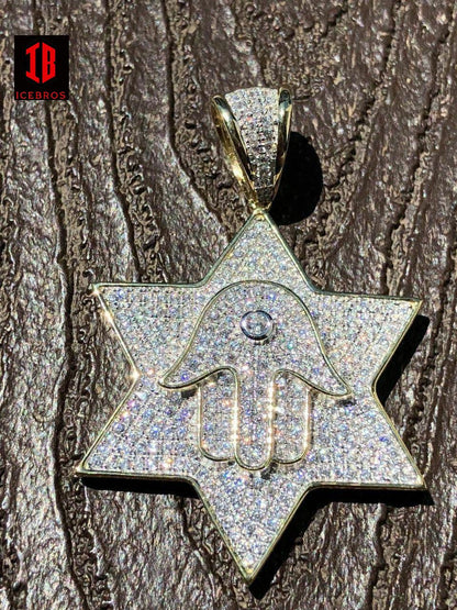 Vermeil 925 Silver Iced Icy Magen David Star W. Hamsa Mens Diamond Star 14k Filled