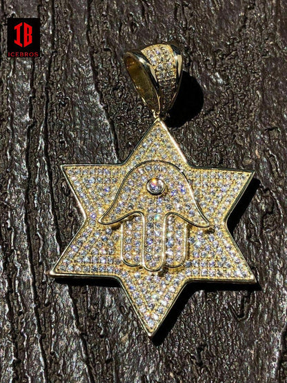 Vermeil 925 Silver Iced Icy Magen David Star W. Hamsa Mens Diamond Star 14k Filled