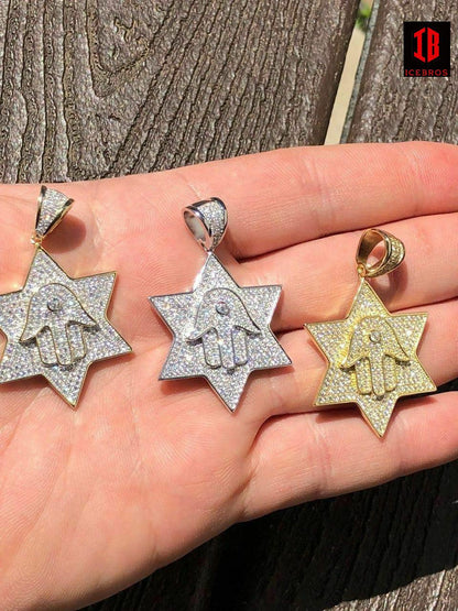 Vermeil 925 Silver Iced Icy Magen David Star W. Hamsa Mens Diamond Star 14k Filled